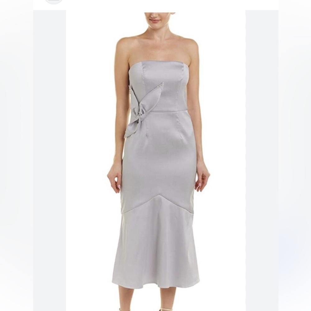 Kay Unger Silver Strapless Dress Midi Bow Accent Sz 6. Formal Satin Trumpet